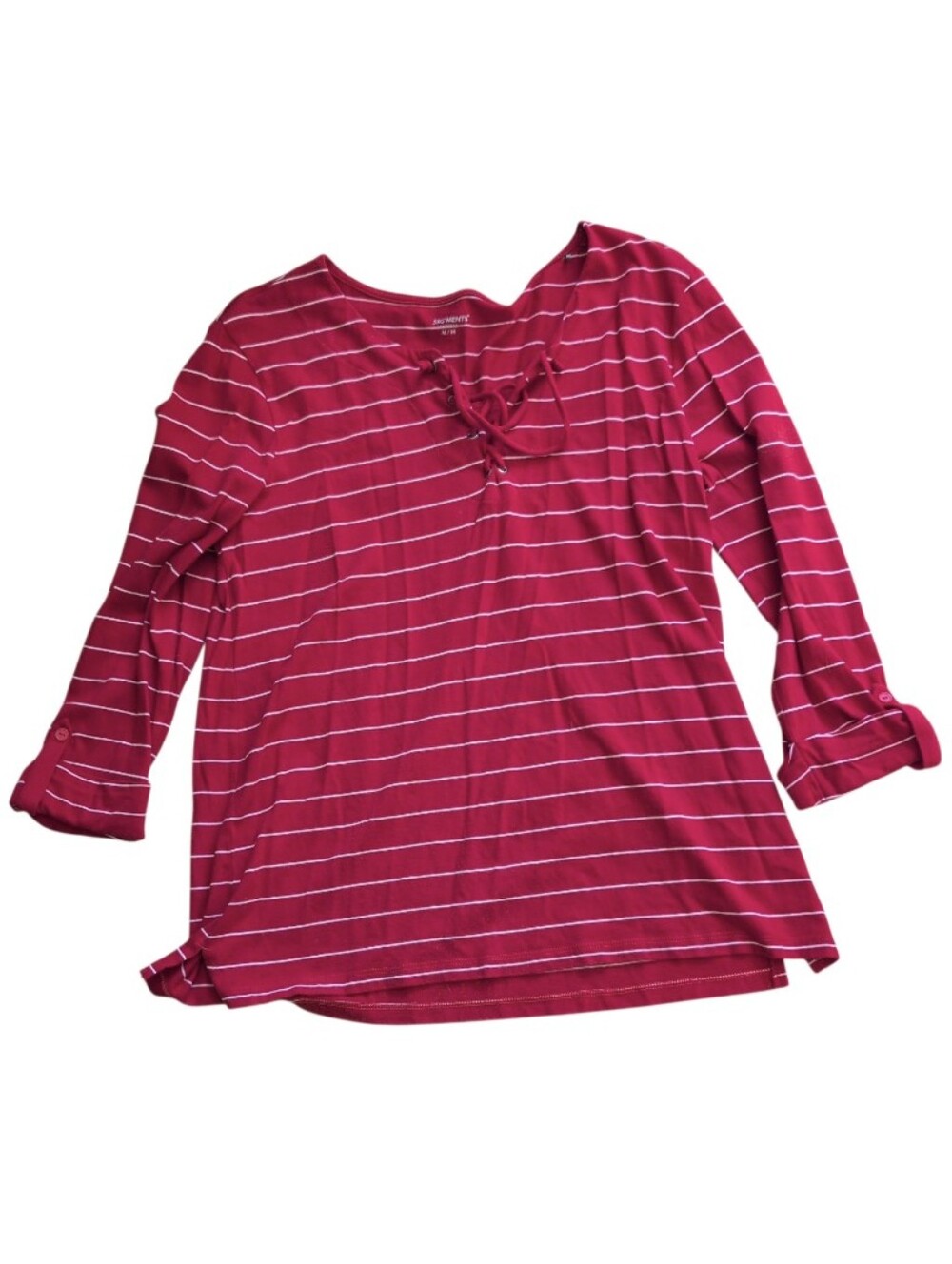 Segments Red Stripe Lace Up Blouse Medium Roll Sleeve Casual Tunic Top